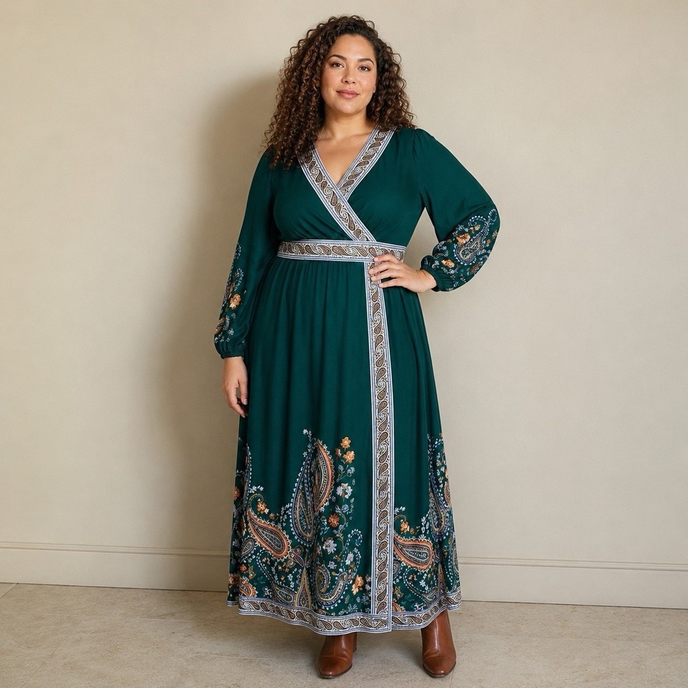 Soft Surroundings NWT Parry Dress XL Green Paisley Maxi Ren Faire Boho Fantasy